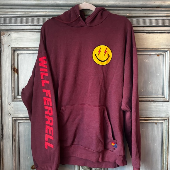 Aviator Nation Will Ferrell Bolt Smiley Relaxed Pullover Hoodie Plum Unisex XL - Picture 3 of 10